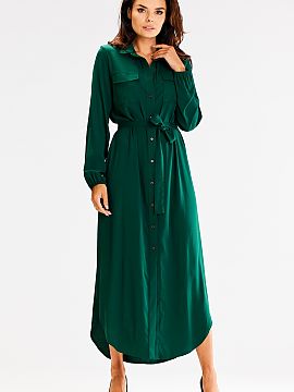 Daydress awama  Loose, shirt-like maxi dress with long sleeves, buttoned. Front decorated with large pockets, tied at the waist with a belt.