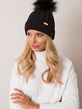 Cap Rue Paris  Women\'s winter beanie with turn-up, decorative plaid weave and pom-pom.
