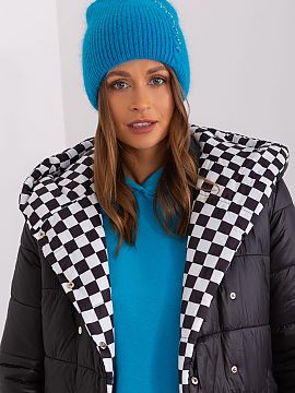 Cap AT  Winter warm hat with braided pattern. On the front an interesting application.