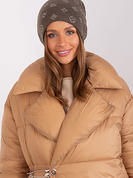 Cap AT  Warm winter women\'s beanie hat with cashmere, with decorative rhinestone application.
