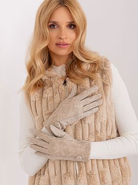 Gloves AT  Elegant women\'s gloves made of insulated fabric in a decorative geometric pattern. At the wrists decorative coated buttons. Index finger wi