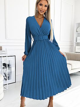 Cocktail dress Numoco  Pleated midi dress with envelope neckline, long sleeves and wide belt. Made of creched fabric in denim color. A perfect dress for any occasi