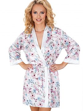Bathrobe Donna  As joyful as a lark\'s treble, the Rosa robe. Shiny white satin is enveloped in multicolored field flowers. The cut is casual, with loose sl