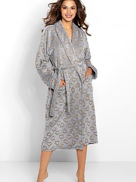 Bathrobe Momenti Per Me  Zoe is a stylish women\'s bathrobe in gray color. The undress is decorated with numerous hearts in gold color. The model has long sleeves, p