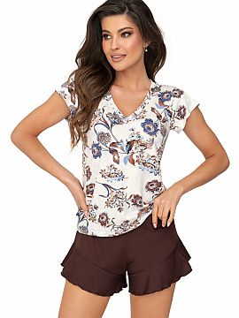 Pyjama Donna  Women\'s pajamas with short shorts Naomi 1/2, made of soft viscose is a perfect choice for warm nights. The chemise is decorated with a beau