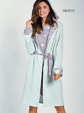 Bathrobe Taro  Women\'s bathrobe with hood made of soft terry knit fabric. At the height of the hips convenient pockets, tied at the waist. Cuffs and hood 