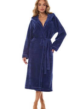 Bathrobe L&L collection  A bathrobe made of smooth fabric, perfect as homewear, provides comfort thanks to its loose cut. Equipped with a hood with a decorative inne