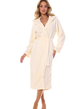 Bathrobe L&L collection  A bathrobe made of smooth fabric, perfect as homewear, provides comfort with its loose cut. Equipped with a hood with a decorative inner par