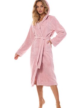 Bathrobe L&L collection  A bathrobe made of smooth fabric, perfect as homewear, provides comfort thanks to its loose cut. Equipped with a hood with a decorative inne
