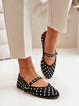 Ballet flats Step in style  Ballerinas made of eco-suede. Decorated with numerous jet stones imitating zircons. Fastened with an adjustable strap that provides stabilit