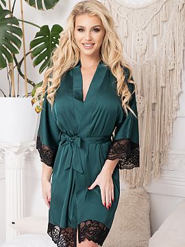Bathrobe Kalimo  A flowing, delicate, body-hugging satin slip. The bottom and sleeves are adorned with soft lace. The slip comes with a satin belt to accentu
