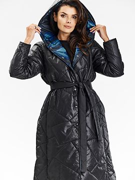 Coat awama  A long coat with a hood and long sleeves fastened with press studs in black. Elegant and functional long coat with hood from Awama brand is 