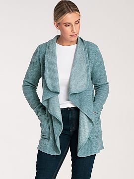 Cardigan Figl  Sweater made of structured knit fabric with added wool. Loose cut unbuttoned with a lined collar. Slip-in pockets on the sides.