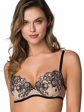 Push up Mat  Seductive push-up bra Frances in beige-black color. Black cups lined with beige cotton with removable push-up pads. Side panels made of elas