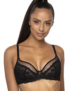Soft Mat  Women\'s soft black bra. The upper part of the cup is made of mesh, the lower part of the cup and the bridge are made of lace. A bow with a 
