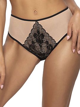Panties Mat  The beige and black Lindsay F-0203/55 open bikini bottom is a sensual and elegant model. The front is smooth, decorated with delicate lace, 