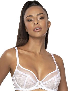 Soft Mat  A feminine soft bra in white color. The upper part of the cup is made of mesh, the lower part of the cup and the bridge are made of lace. Be