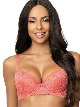 Push up Mat  Phenomenal model Maddie in coral and navy color, classic push-up in a stunning edition. The bra is entirely made of lace in a geometric patt