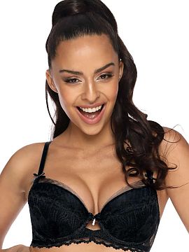 Push up Mat  A sensual Angel push-up bra in black. The cups are trimmed with embroidered tulle, the edges of the cups are decorated with added tulle. Lac