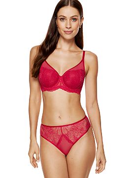 Padded bra Gorteks  Meet Rouge padded lace bra in red color. Padded cups made of thin foam covered with red, flowery lace. The upper part of the cup is made of 