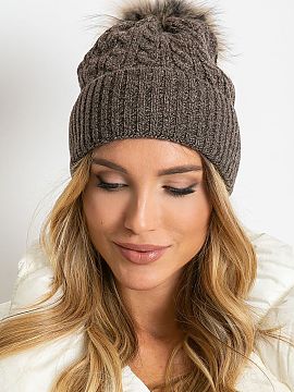 Cap AT  Winter hat with a wide cuff and a fluffy pompom.