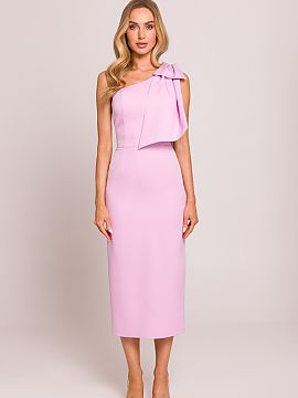 Cocktail dress Moe  Elegant midi dress in a pencil silhouette, emphasizing the feminine figure. The model impresses with an asymmetrical cut with a motif on one