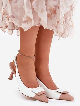 High heels Step in style  Elegant women\'s high heels made of eco leather. Open heels and pointed toes give them a subtle elegance. At the front, the shoes have a dec