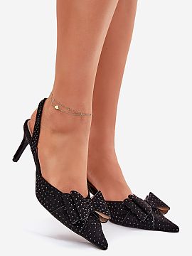 High heels Step in style  Decorated women\'s high heels with an open heel are an elegant and stylish proposal for special occasions. Pointed toes emphasize the slimne