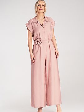 Suit Figl  Jumpsuit with wide, long legs and buttons fastening at the front. Top with a collar and short sleeves with a cuff. Thin belt with a decorati