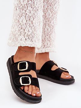 Flip-flops Step in style  Women\'s sandals made of eco-suede. Mounted on a platform. Two adjustable straps with gold buckles ensure a perfect fit, and a profiled inso