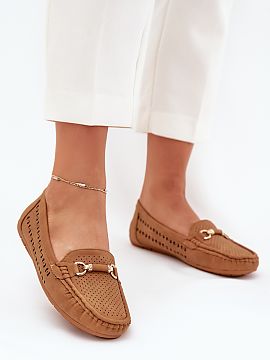Mocassin Step in style  Women\'s openwork moccasins made of eco leather. The gold ornament at the front gives them a unique character. The soft insole ensures comfo
