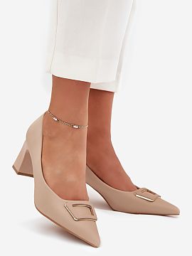 Block heel pumps Step in style  Women\'s pumps made of eco leather, set on a stiletto heel, are an elegant proposal for various occasions. The decorative buckle at the fron