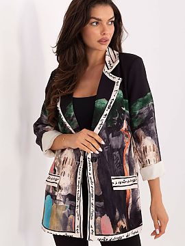 Jacket Italy Moda  Women\'s blazer with a casual character, perfect for work and casual styling. Made of viscose and polyester, with prints and subtle inscript