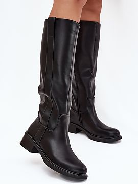 Kozaki Step in style  Women\'s officer boots made of eco leather, set on a low block heel, are a combination of classic style and comfort. The shaft reaches above