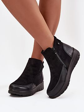 Botki Step in style  Women\'s ankle boots made of a combination of eco suede and eco leather. The model is set on a platform, which ensures comfort and stability