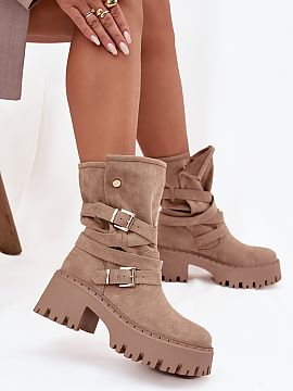 Botki Step in style  Women\'s ankle boots made of eco suede. Set on a massive heel that will provide stability with every step. Rounded toes. This model stands o