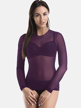 Bluzka Teyli  Women\'s blouse made of semi-transparent material in purple color. The top is fitted to the silhouette and has long sleeves. The semi-round 