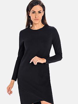 day dress Teyli  A black cotton women\'s dress with a touch of elastic Lycra thread. It is slightly fitted to the silhouette, emphasizing the waist. The leng