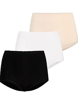 Set Teyli  A tri-pack of women\'s high-waisted panties in three colors white, beige and black. In the set, the panties range from size XS to size 5XL. 