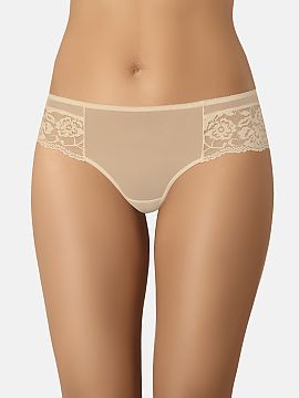 Brazilian figs Teyli  Lace Brazilian Rock panties in beige are made of high quality, delicate mesh, combined with elegant lace with a floral motif. Brazilian pant