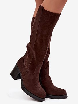 Heeled boots Step in style  Women\'s boots made of eco-suede are a perfect proposition for the autumn-winter season. The model set on a massive pillar-type heel provide