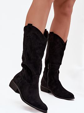 Heeled boots Step in style  Women\'s cowboy style boots made of eco suede are a fashionable proposition for women who appreciate style and comfort. The slip-on model wi