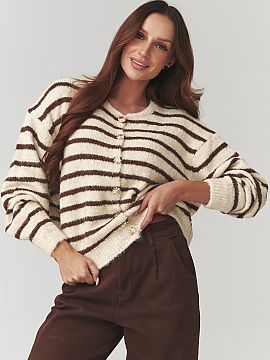 Cardigan Makadamia  Stylish and timeless women\'s striped sweater is a must-have in every wardrobe! The model in a classic combination of two colors fits perfec