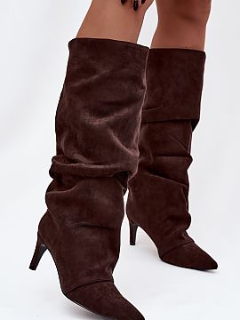 Heeled boots Step in style  Women\'s boots made of soft eco suede are an elegant and feminine option for cooler days. The model on a slim heel beautifully emphasizes th