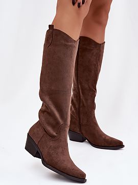 Heeled boots Step in style  Women\'s cowboy-style boots made of faux suede. Set on a characteristic, cut heel, they add lightness to the silhouette and emphasize femini