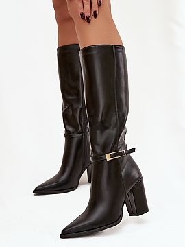 Heeled boots Step in style  Women\'s boots made of eco leather are an elegant proposal for colder days. Set on a stable column heel beautifully slim the silhouette, and
