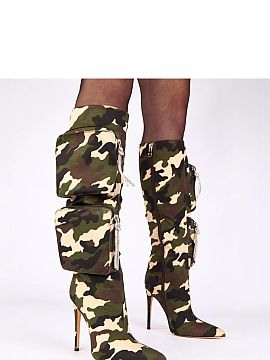 Heeled boots Solea  Distinctive knee-high boots, made of fabric in an eye-catching camouflage pattern, perfect for women who like bold, fashion accents. The mod