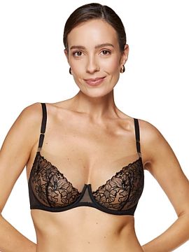 soft Gorteks  Meet the elegant and feminine soft bra Fleur. The cups are made of shiny embroidery at the bottom and transparent tulle at the top. Cups mad