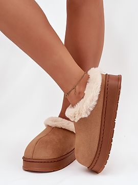 Slippers Step in style  Women\'s slippers made of soft eco-suede fabric are a cozy and comfortable model perfect for colder days. The top is decorated with fur, whi
