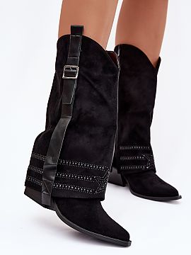 Heeled boots Step in style  Cowgirl boots made of eco suede are an eye-catching model for fans of western style. Set on a column-type heel, they add lightness to the si